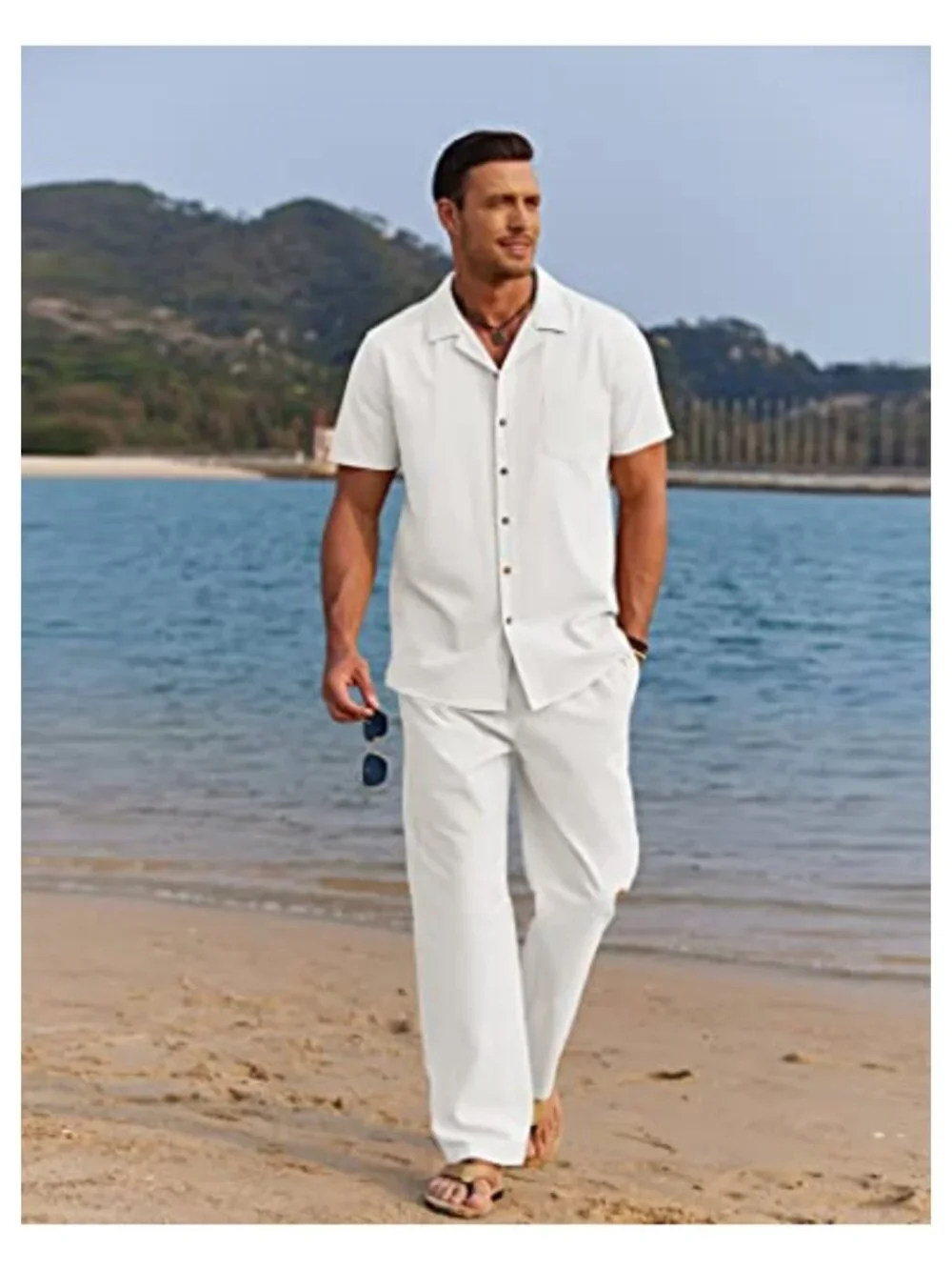 Men 2 Piece Linen Outfit Beach Button Down Shirt Casual Loose Pant Sets